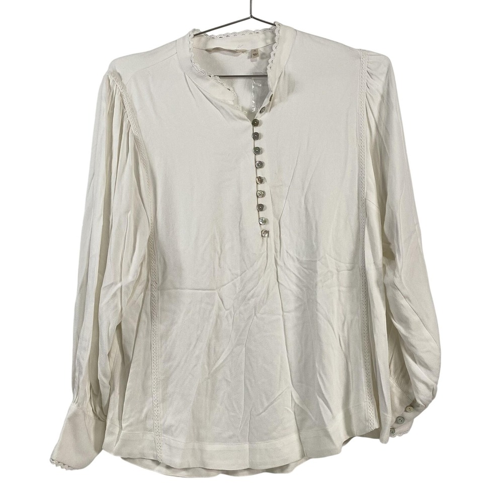Soft Surroundings Shirt Womens Petite Large Henley Lace Trim 3DW080 Boho Blouse